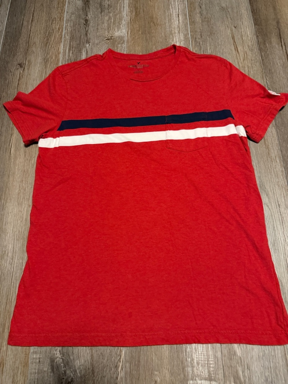 American Eagle Outfitters Red Short-Sleeve Crewneck with Navy and White Stripes